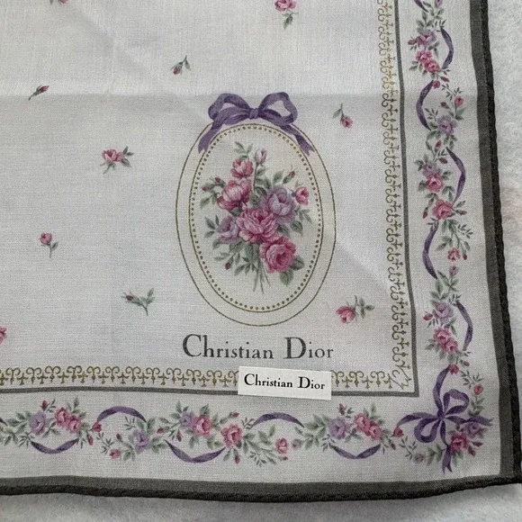 CHRISTIAN DIOR Scarf Handkerchief Floral Rose Ribbon Cotton White Fashion 18.5" - Picture 1 of 4